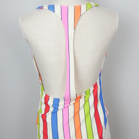 NWOT Aerie White Neon Rainbow Striped Full Coverage One Piece Bathing Suit XL - Picture 9 of 11